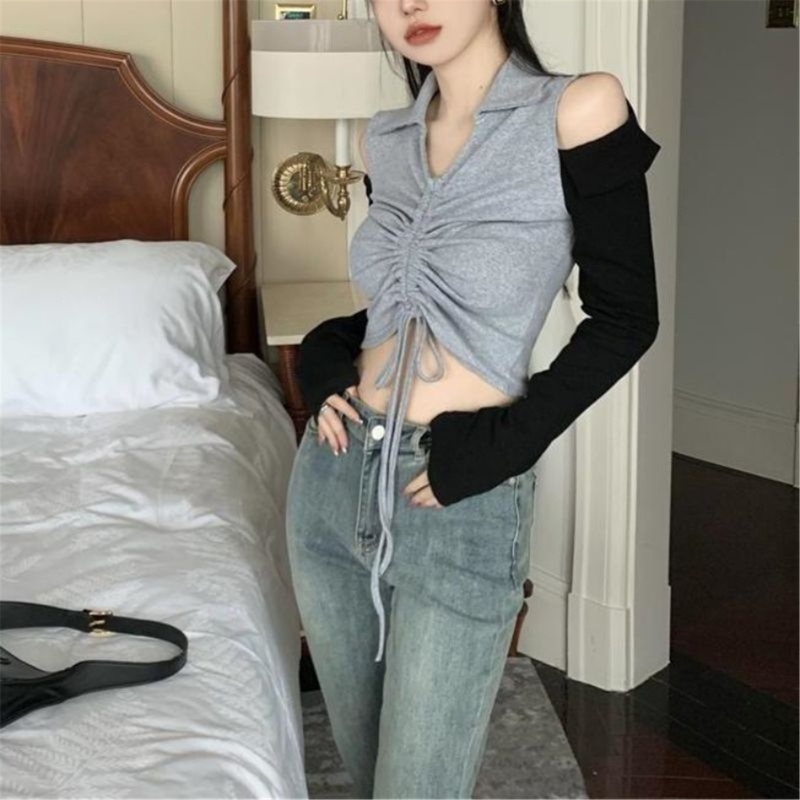 Áo Thun Ôm Dáng Phối Dây Rút Hở Vai Quyến Rũ Thời Trang Cho Nữ