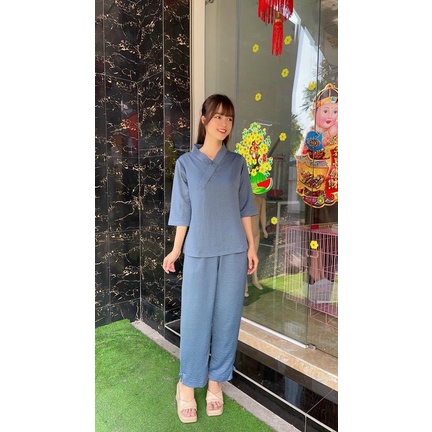 Đồ Lam Đi Chùa #Bộ lụa pháp trơn 1 nút# Quần Áo Nữ