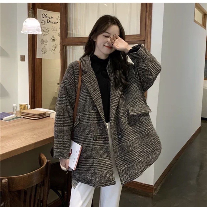 Áo khoác nữ dạ kẻ hai lớp dáng vừa 4 khuy Túi Đắp Ulzzang Hàn Quốc(Hình thật tự chụp/ sẵn)