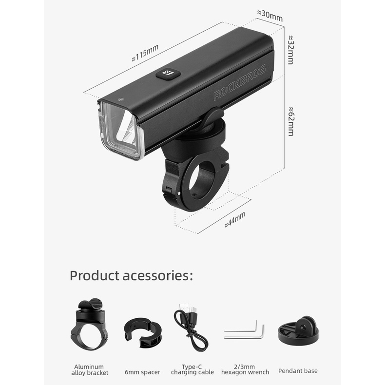 GOPRO Rockbros Đèn Pha LED 1000Lm IPX6 Type-C 4500mAH Chống Thấm Nước Có Thể Sạc Lại 2 Kiểu Vỏ Bằng Nhôm Dành Cho Xe Đạp