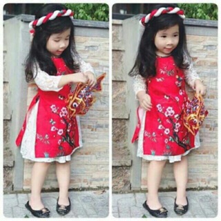 Set Áo dài cách tân cho be 8 đến 30 kg hoa đào chân váy ren kèm mấn cho bé gái diện tết