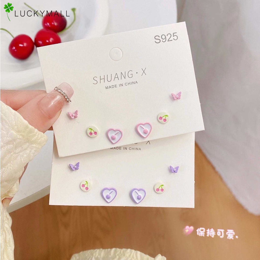 Bông Tai Mạ Bạc 925 Hình Trái Tim / Bướm / Cherry Thời Trang Cho Nữ