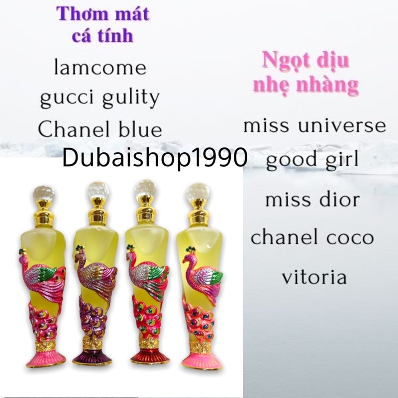 tinh dầu nước hoa Dubai thiết kế cao cấp con công dài 25ml sang trọng