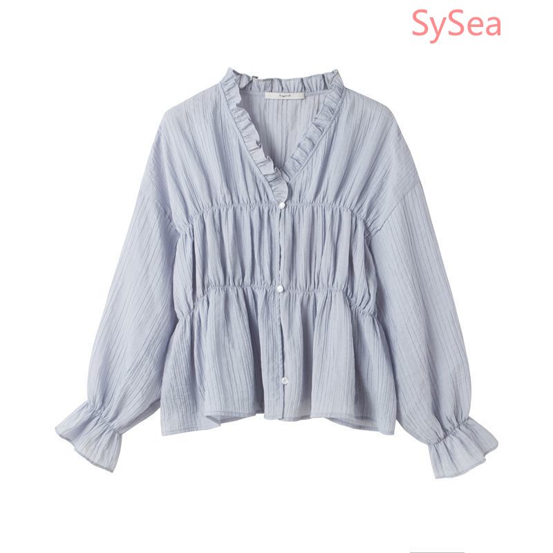 Áo sơ mi chiffon dài tay màu xanh lam thời trang mùa thu cho nữ