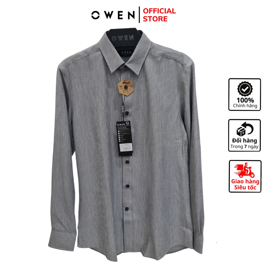 Áo sơ mi nam dài tay OWEN AS23348D somi công sở vải café cao cấp màu ghi melange trắng đen dáng ôm tà lượn không túi
