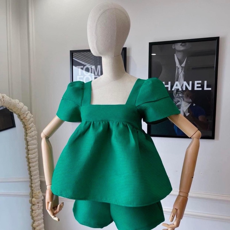 Bộ váy + quần Baby doll tay bồng vải sốp nhẹ thoáng mát váy đi chơi, váy đi du lịch, váy đi biển