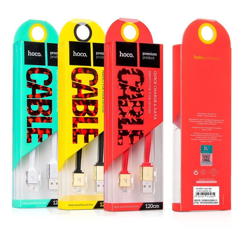[Chính Hãng] Cáp HOCO UPM11 MicroUSB QC2.0 (Đầu xi mạ Kim loại bóng, Dây dẹp dẻo)