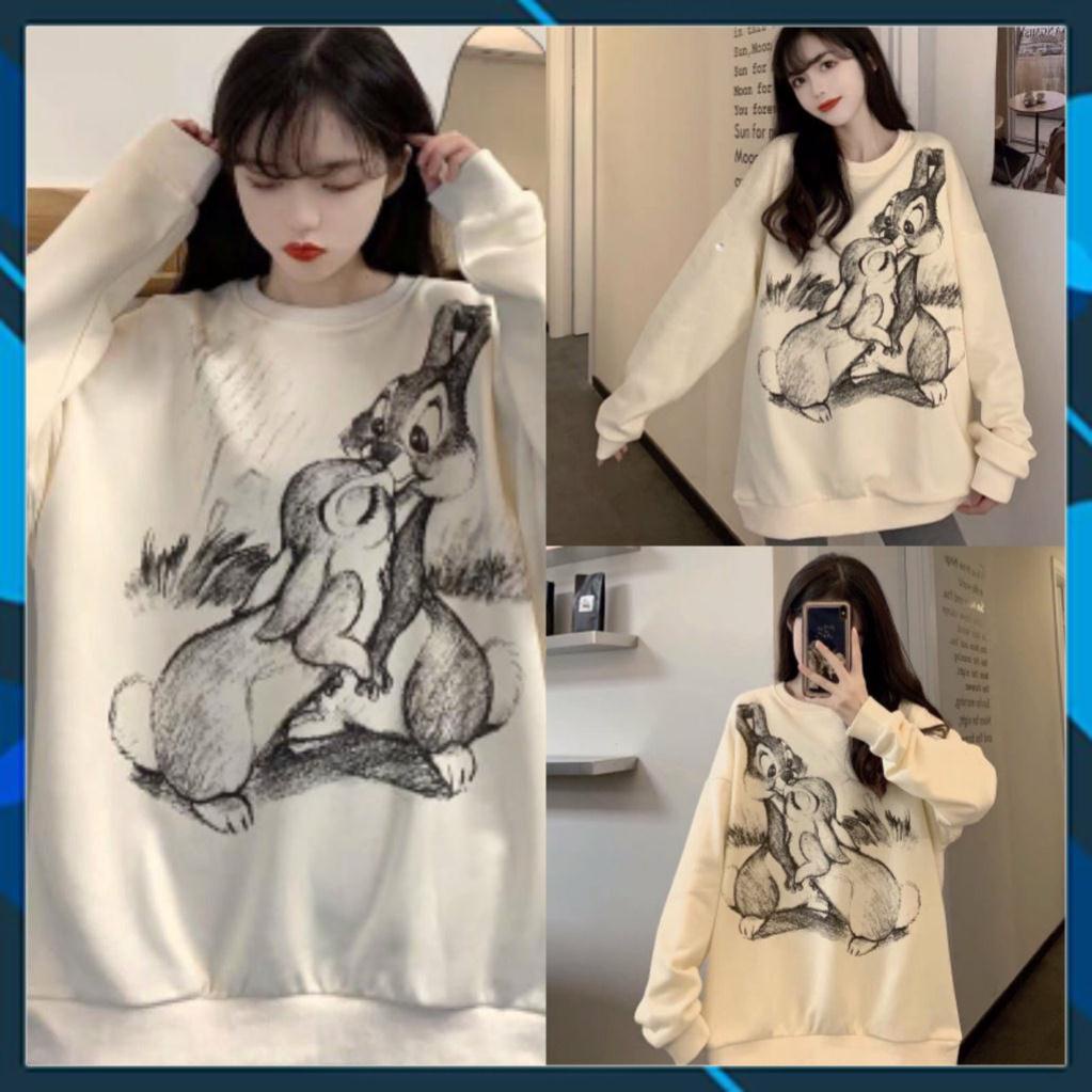 Áo Sweater Nỉ Hình Đôi Thỏ dưới 68kg - In Hình Cute 2 Màu G041