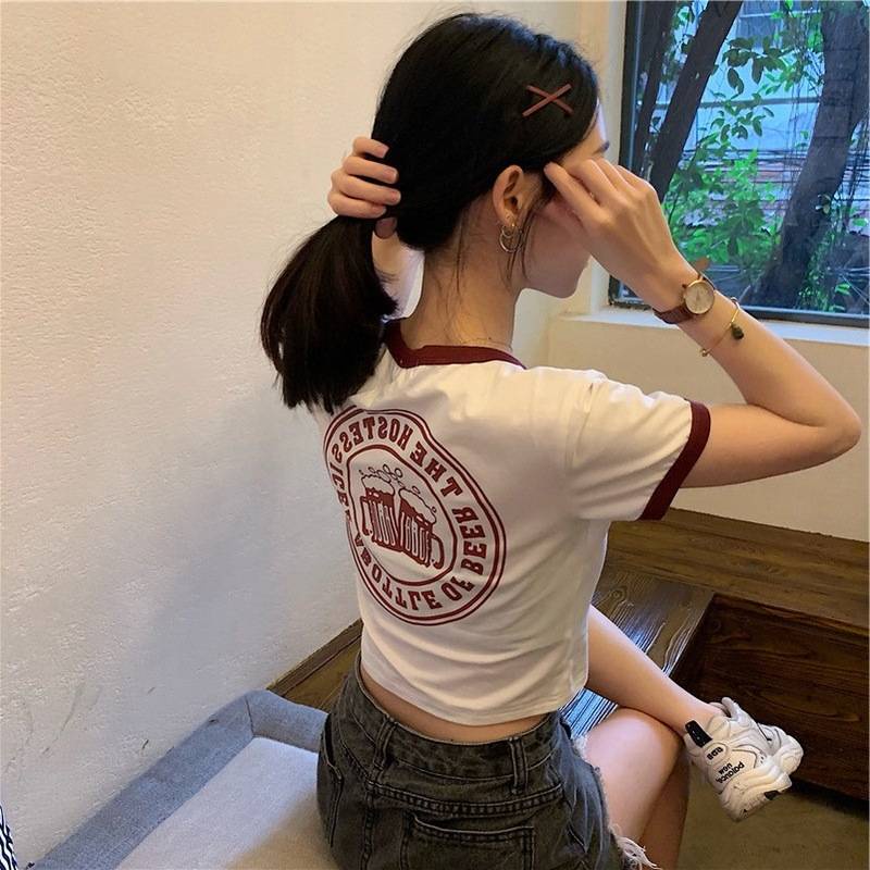 Áo Thun Croptop Vải Cotton Dáng Ôm Tay Ngắn In Chữ Trước Và Sau Thời Trang Mùa Hè Hàng Mới Dành Cho Bạn Nữ 2021