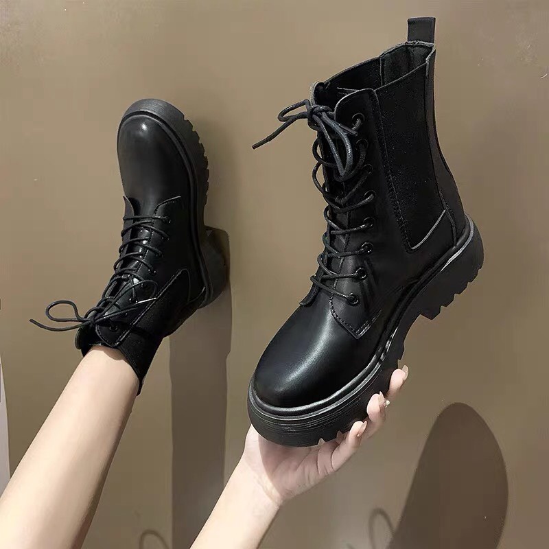Boot Nữ Martin Cổ Cao Ulzzang Độn Đế, Giày Bốt Buộc Dây Da Lì, Da Bóng Phong Cách Hàn Quốc Mẫu Mới 2021