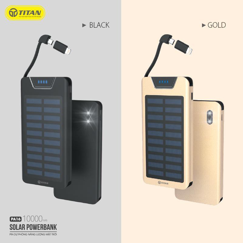 Pin dự phòng năng lượng mặt trời 10000mAh chính hãng TITAN PA16 liền dây cáp sạc cho iphone iPad Samsung Oppo xiaomi ip