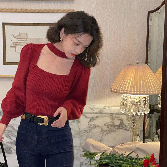 Áo Sweater Cổ Vuông Hở Lưng Màu Đỏ Phong Cách Nước Ngoài Thời Trang Thu Đông