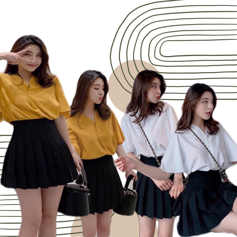 Set váy quần đen xếp li + áo sơ mi style Hàn mua 1 được 2 vừa tiện vừa đẹp kèm ảnh thật
