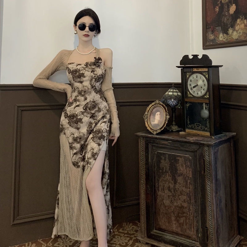 Đầm Hoa Hai Mảnh Tay Dài Hở Vai Phong Cách Pháp Thời Trang Mùa Thu Cho Nữ 15 Ngày