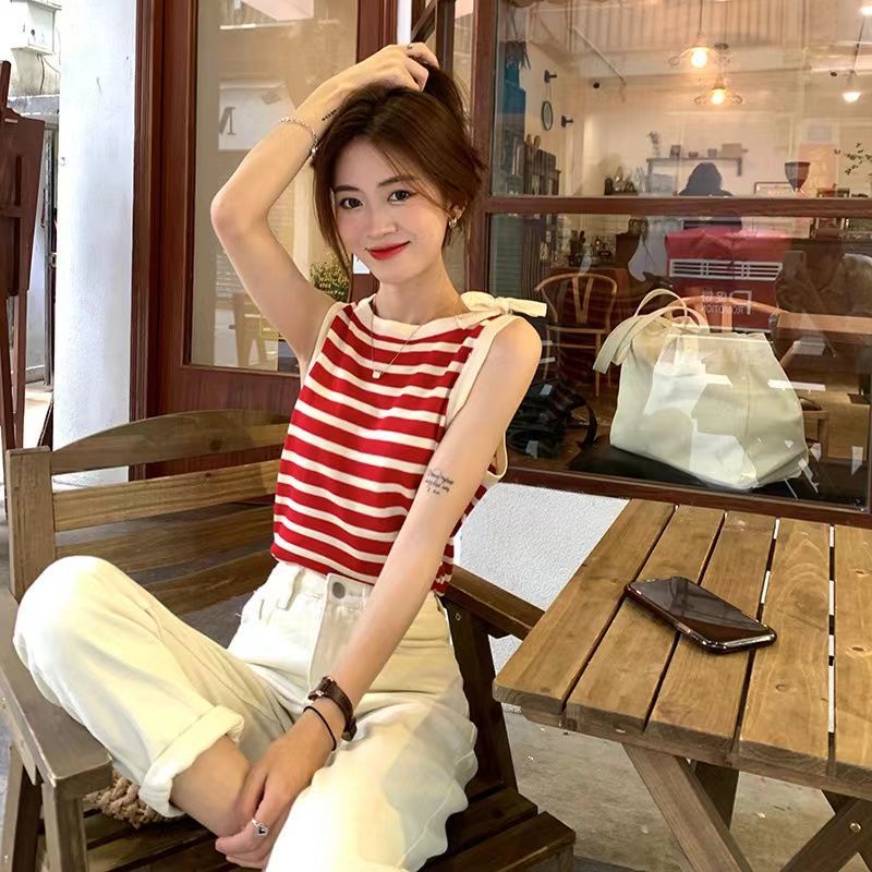 Áo Dệt Kim Dáng Rộng Họa Tiết Kẻ Sọc Thắt Nơ Xinh Xắn Cho Nữ