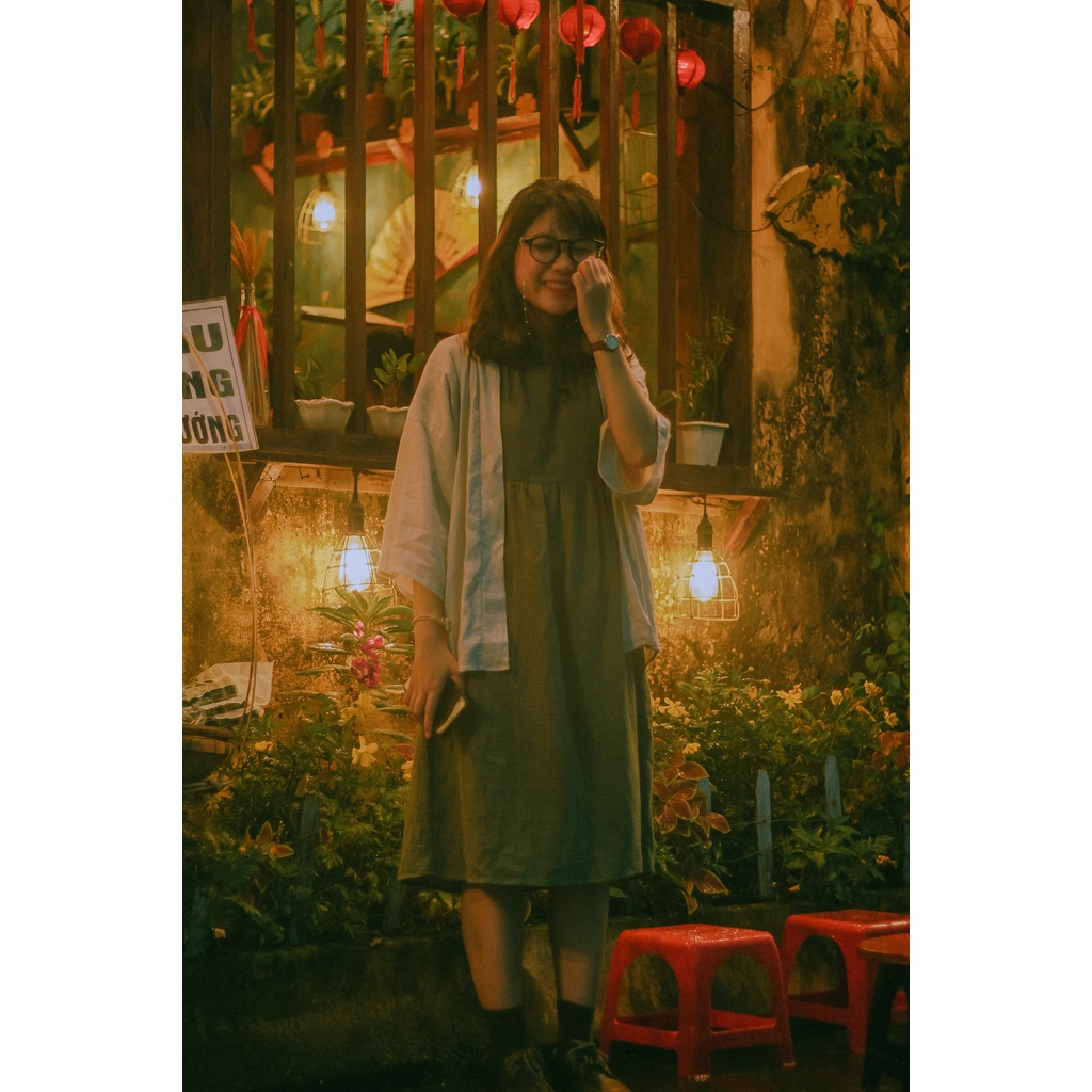 Váy Babydoll Vintage Xòe Rộng Tay Ngắn Cổ Tròn Tối Giản Xô Muslin Vui Hè Mát Nhẹ Nhàng