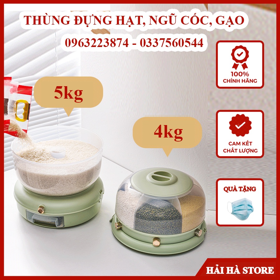 Thùng đựng hạt, ngũ cốc, đựng gạo 6 ngăn, xoay 360 độ thông minh, dung tích 9kg, chất liệu nhựa PP cao cấp