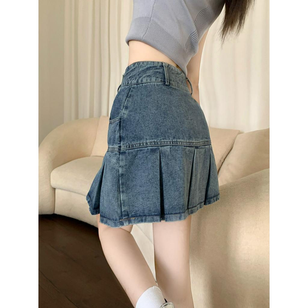 Lalisas Chân váy jean Ngắn Xếp Ly Dáng Chữ A Phong Cách retro Cao Cấp Cho Nữ