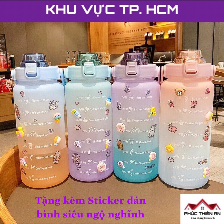 Bình nước 2L có chia vạch nhắc nhở - Siêu dễ thương