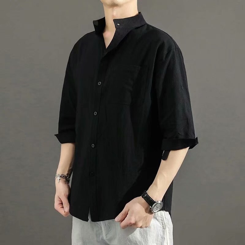 Áo Sơ Mi cotton Lanh Tay Ngắn Cổ Đứng Dáng Rộng Phong Cách Hàn Quốc Thời Trang Cho Nam