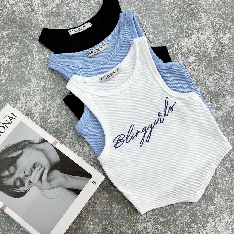 Áo croptop ba lỗ sát nách thêu chữ vạt tam giác cá tính 419 FIORI STORE