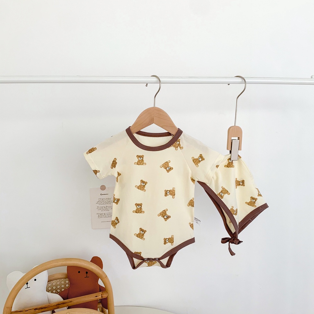 Bộ Áo Liền Quần Tay Ngắn Chất Liệu Cotton In Hình Gấu Kèm 1 Nón Cho Bé Sơ Sinh 0-2 Tuổi