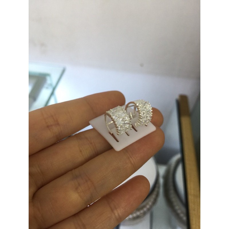 Khuyên tai tròn bấm to bản 5 hàng đá nhân tạo bạc ta
