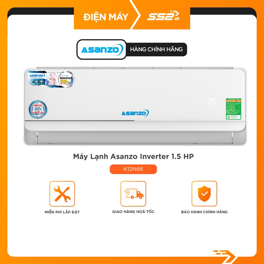 [Mã ELHA10 giảm 6% đơn 5TR] Máy lạnh Asanzo Inverter 1.5 HP K12N66 - Cam Kết Chính Hãng 100%