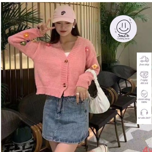 Áo Khoác len Đính Hoa Nổi Tay Cổ V 2 Khuy | Smide Clothing