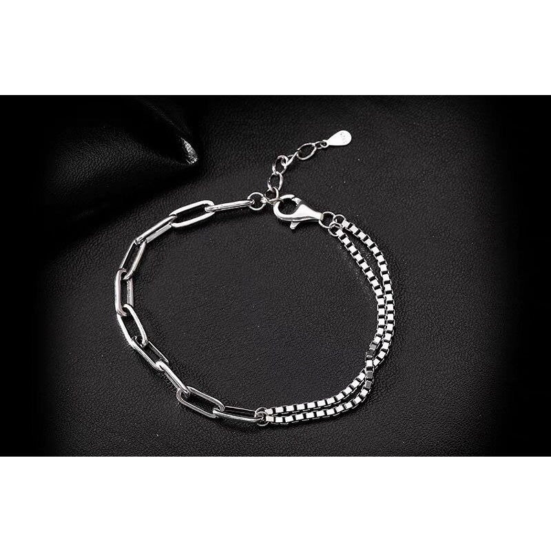 Lắc tau dải tròn dây kép mắt xích cá tính bạc thật phủ vàng trắng