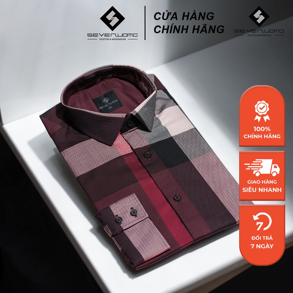 Áo Sơ Mi Nam Dài Tay SEVENUOMO Form Dáng Hàn Quốc, Không Nhăn, Vải Mịn Mát Form Vừa Burberry Đỏ K36