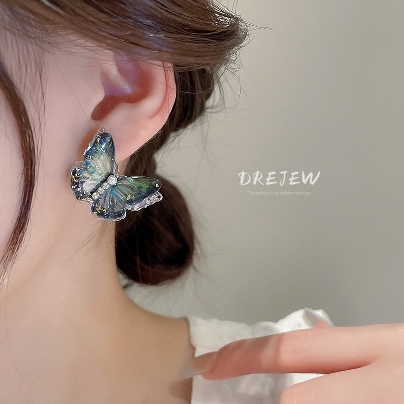 DREJEW Khuyên tai mạ bạc hình bướm đính đá zircon ngọc trai phong cách Hàn Quốc
