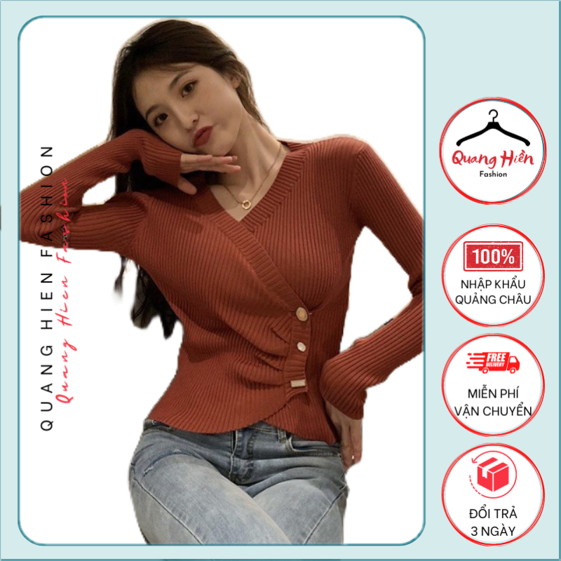 Áo len Quảng Châu vạt chéo đính khuy sang trọng freesize MS029