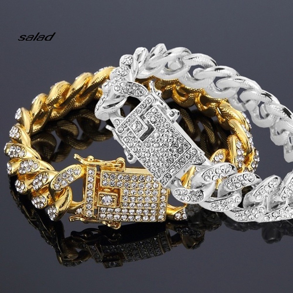 Vòng tay mắt xích đính đá giả sáng bóng phong cách hiphop thời trang cho nam