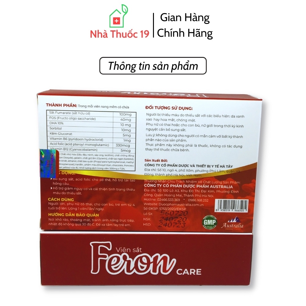 Viên Sắt Feron Care Cả Nhà - Bổ Sung Sắt, Acid Folic Cho Cơ Thể, Tăng Sinh Hồng Cầu, Hộp 30 Viên Dùng Cho Cả Nhà