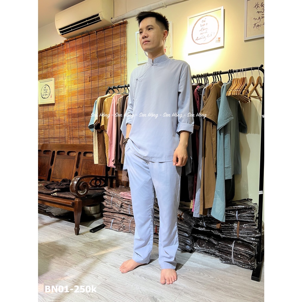 Mẫu Phật tử nam cổ tàu cài chéo # bộ đồ lam đi chùa cho nam # pháp phục cư sĩ nam vải mát bền đẹp chính hãng Sen Hồng BN