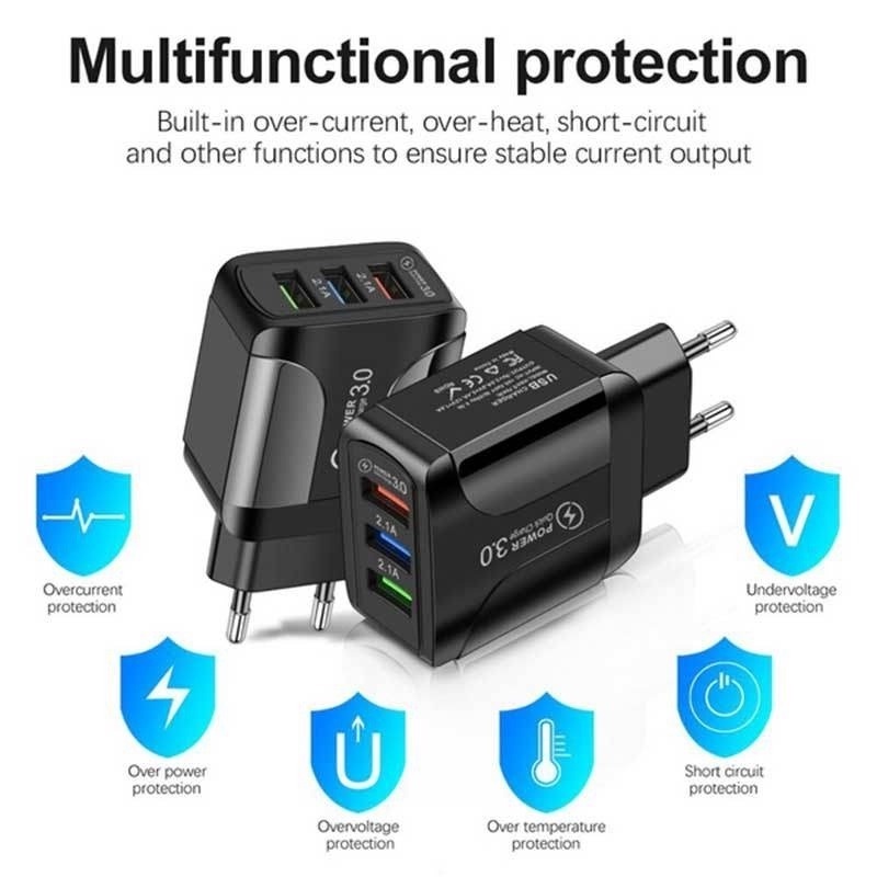 Củ Sạc 15W 3 Cổng USB Phích Cắm US EU Tương Thích Với IPhone Android
