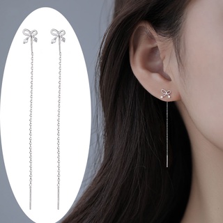 Đôi Khuyên Tai Mạ Bạc Dáng Dài Trang Trí Nơ Đính Đá Xinh Xắn Cho Nữ