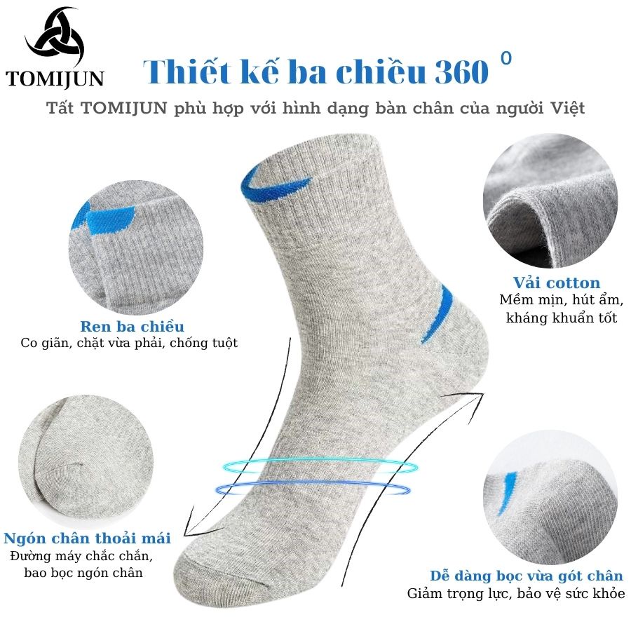 Vớ Tất cổ cao nam nữ TOMIJUN Vớ nam nữ thể thao, chất cotton mềm mịn, co giãn, chống hôi và khử mùi hiệu quả