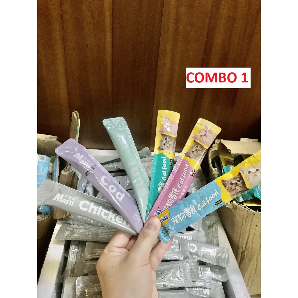 Combo 100 thanh súp thưởng 10 loại cho mèo bổ sung dinh dưỡng - NSX luôn mới, được in trên bao bì