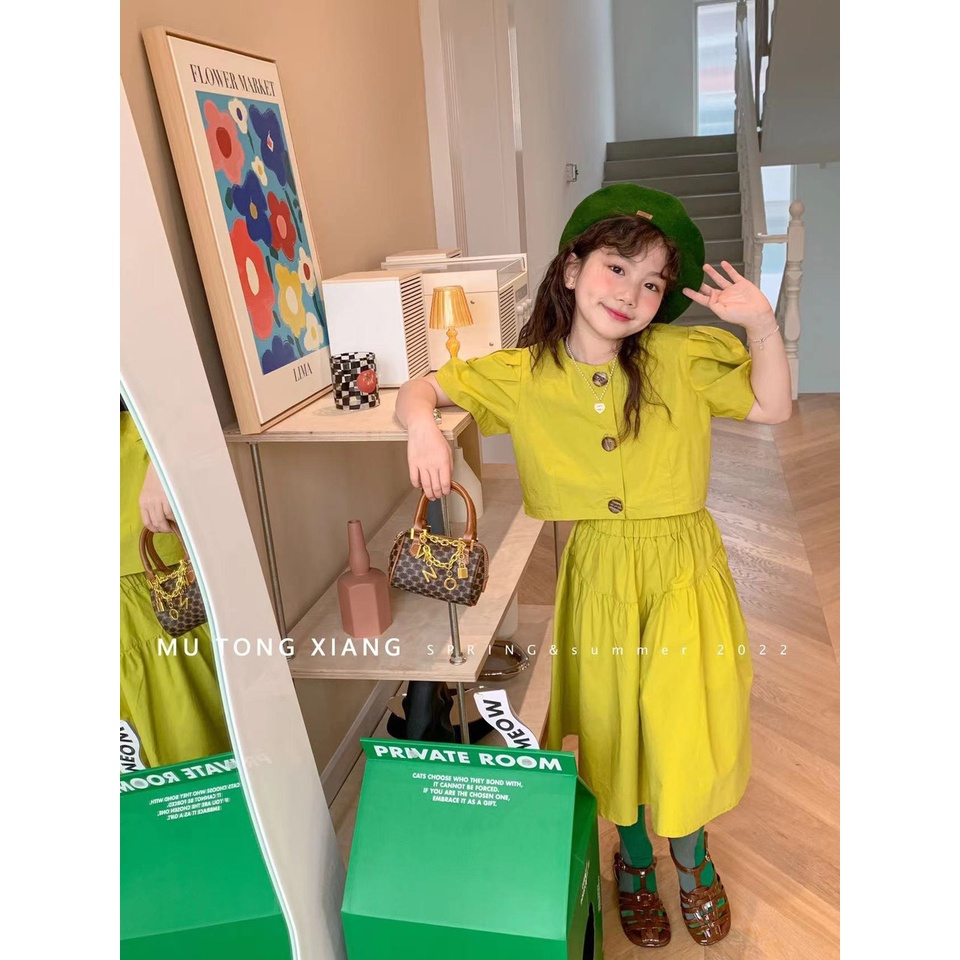 Set áo tay bồng quần ông sớ rộng xanh cốm và vàng XHN900