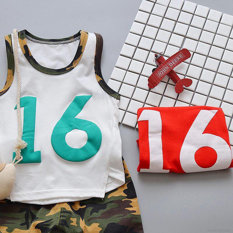 Bộ áo thun sát nách in chữ + quần ngắn cho bé trai