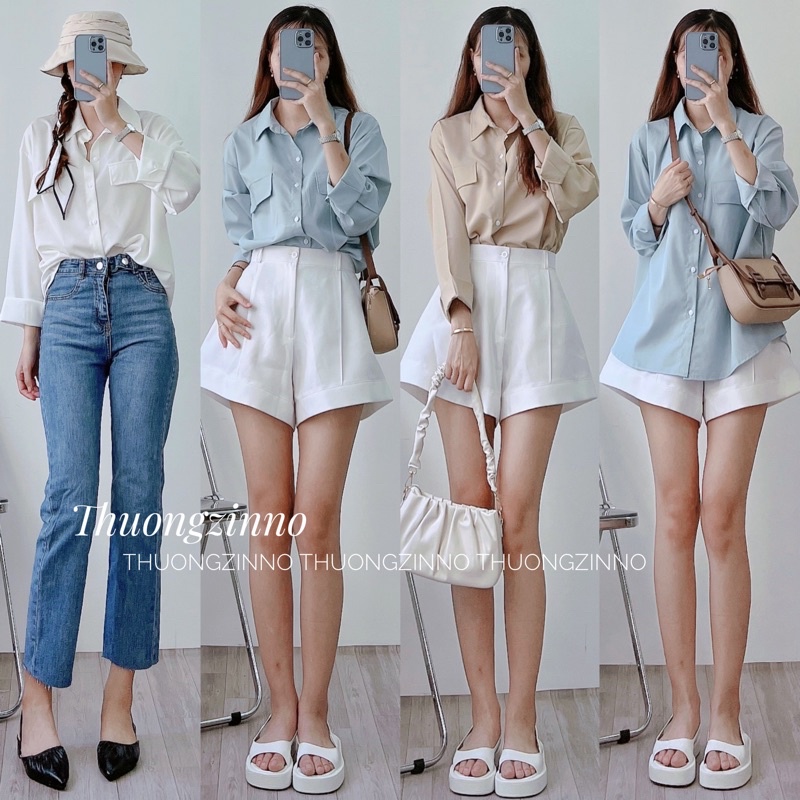 [Ảnh thật/Video]Áo sơ mi túi ngực dài tay form rộng hàn quốc