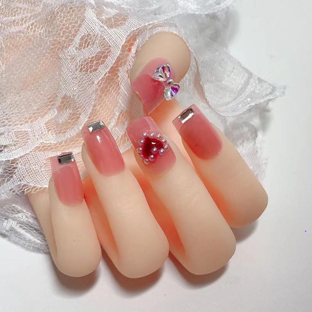 24 Móng giả màu đỏ đính đá ngọc trai giả thời trang kèm keo dán