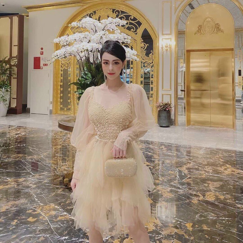 Đầm xoè tay phồng đính cườm ( ảnh và video thật 10000%)