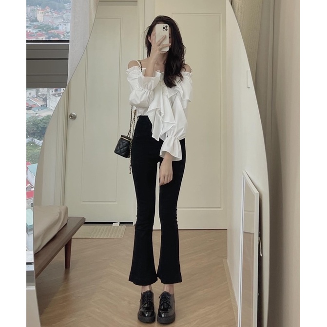 Quần jean loe nữ lưng cao, Quần loe cạp cao chất liệu bò giấy dày dặn co giãn 4 chiều Okella