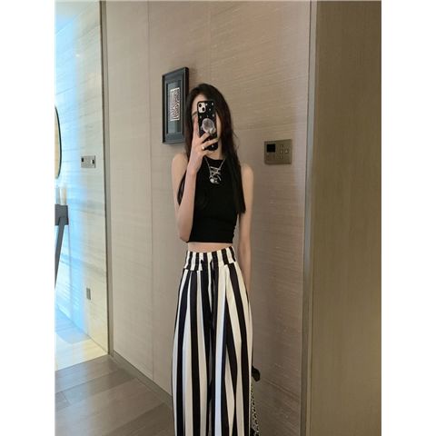 Jiashucheng Quần Dài Ống Rộng Họa Tiết Kẻ Sọc Trắng Đen Thời Trang Mùa Hè Cho Nữ