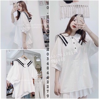 Áo Sơ Mi Nữ Thủy Thủ 🦋 Áo Sơmi Trắng Nữ Cổ Phối Màu Cúc Cài Tay Phồng 🦋