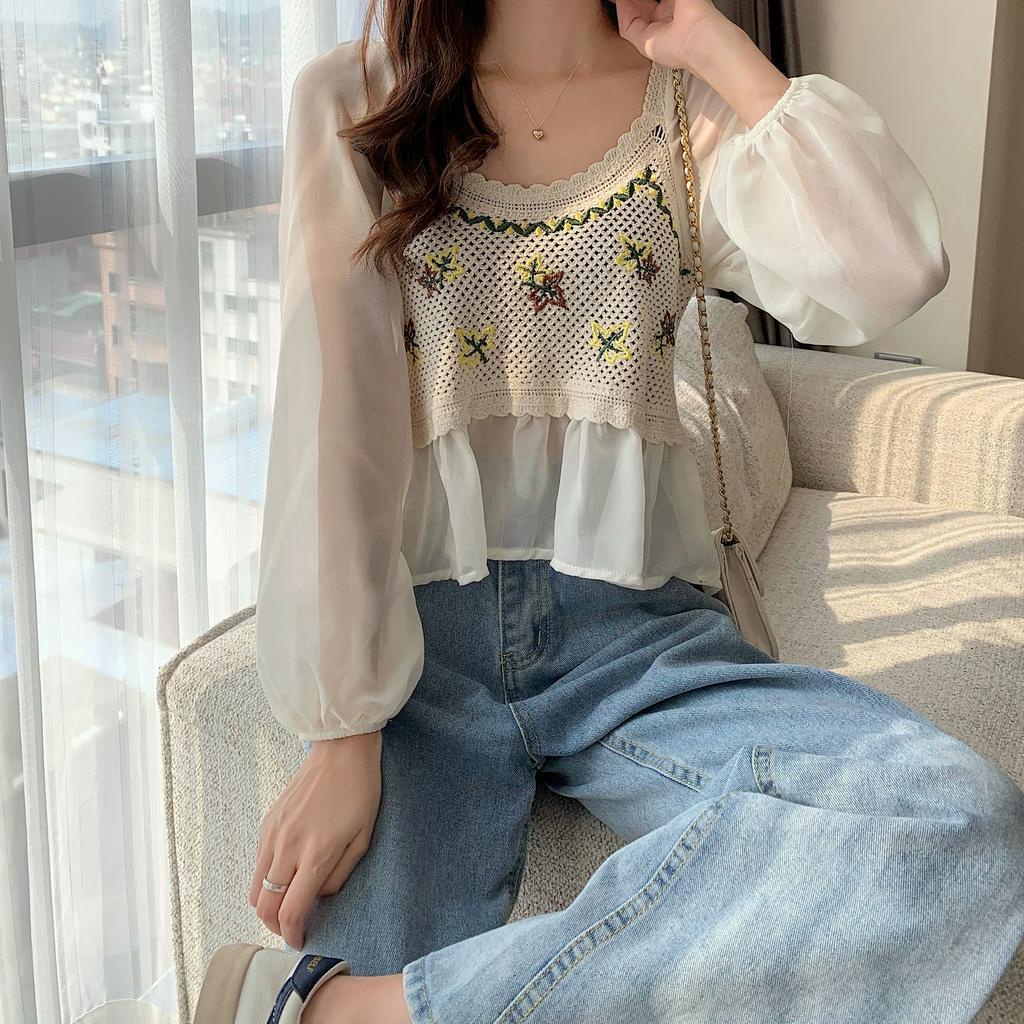 Áo chiffon SUXI tay dài phối màu thời trang cao cấp cho nữ