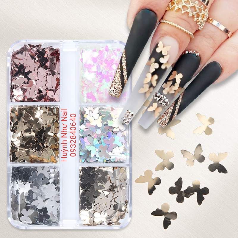 HỘP BƯỚM ẨN NAIL 6 Ô MẪU BƯỚM CÁNH TRÒN TONE CƠ BẢN